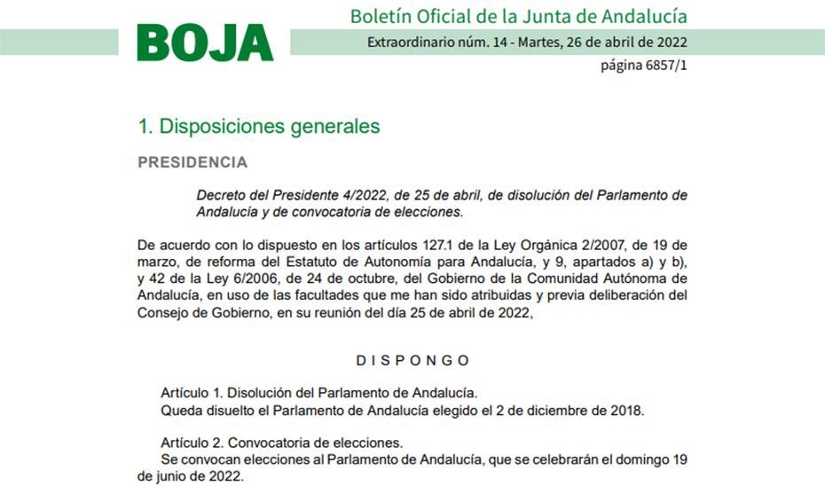 Publicado en el BOJA el decreto del presidente de disolución del Parlamento y convocatoria electoral