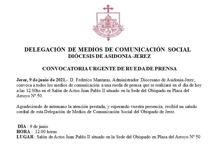 Convocatoria urgente de prensa en el Obispado de Jerez, a las 12:00 horas