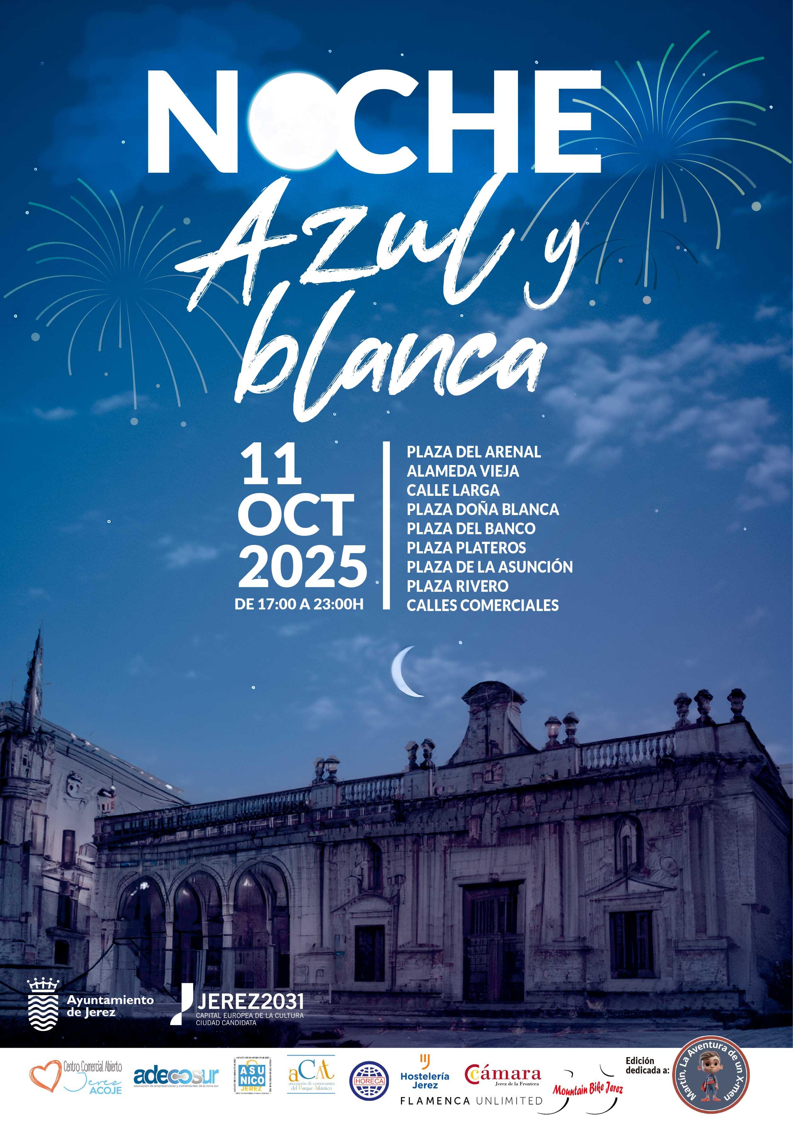 La Noche Azul y Blanca se celebra este sábado para conectar comercio, cultura y solidaridad en el centro de Jerez 