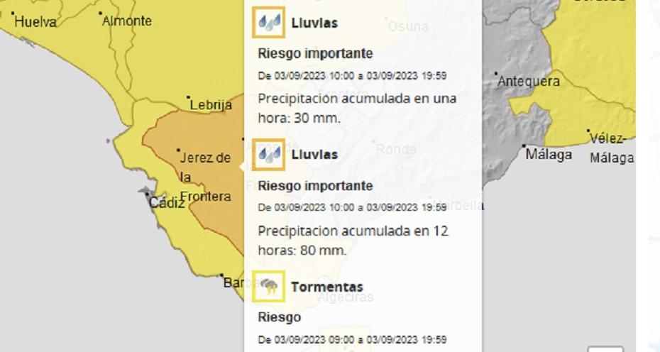 La AEMET activa el aviso naranja por lluvias este domingo hasta las 20:00 en la Campiña de Jerez